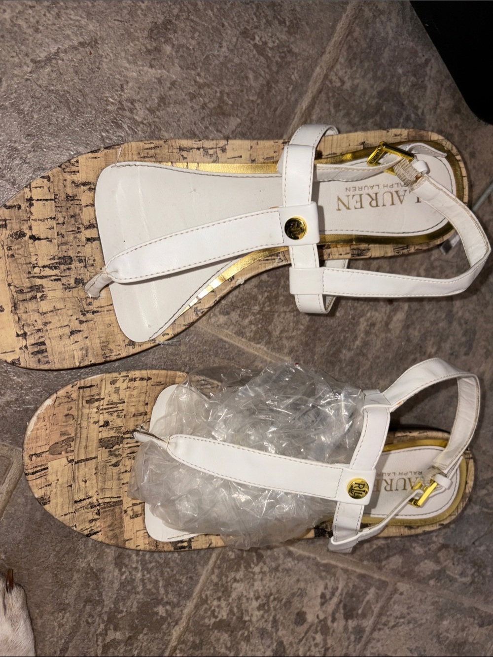 Ralph Lauren White Leather T-Strap Cork-Pattern Sandals with Gold Accents